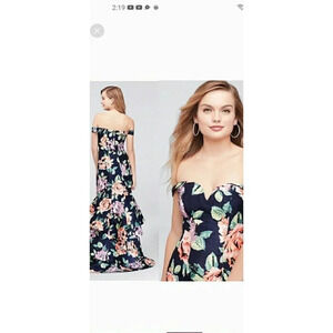 Sequined Hearts Dress Maxi Tiered Ruffled Hem Blue Floral Sz 7 off shoulder Prom